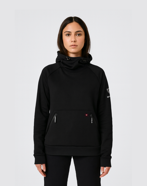 Woman wearing the G-Tech Women’s Heated Hoodie Sport 3.0 in black, front view