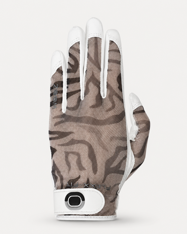 brown zebra print golf glove with white accents on a light gray background