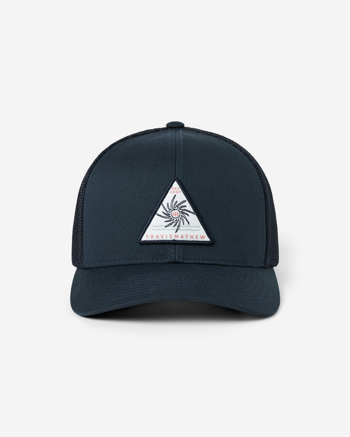 TravisMathew Life of the Party Hat in Total Eclipse, front view showing the woven triangle sun patch