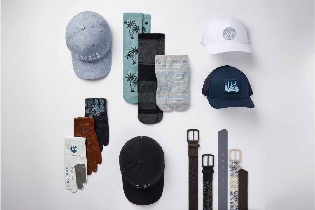 Golf and lifestyle accessories including hats, gloves, footwear, belts, and bags