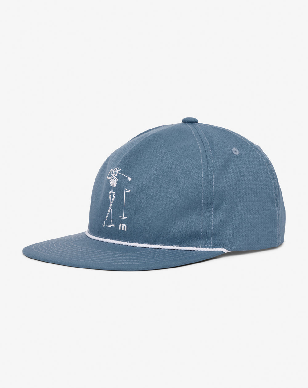 TravisMathew Lost Swing Snapback Hat in blue, side view showing embroidered skeleton golfer design.