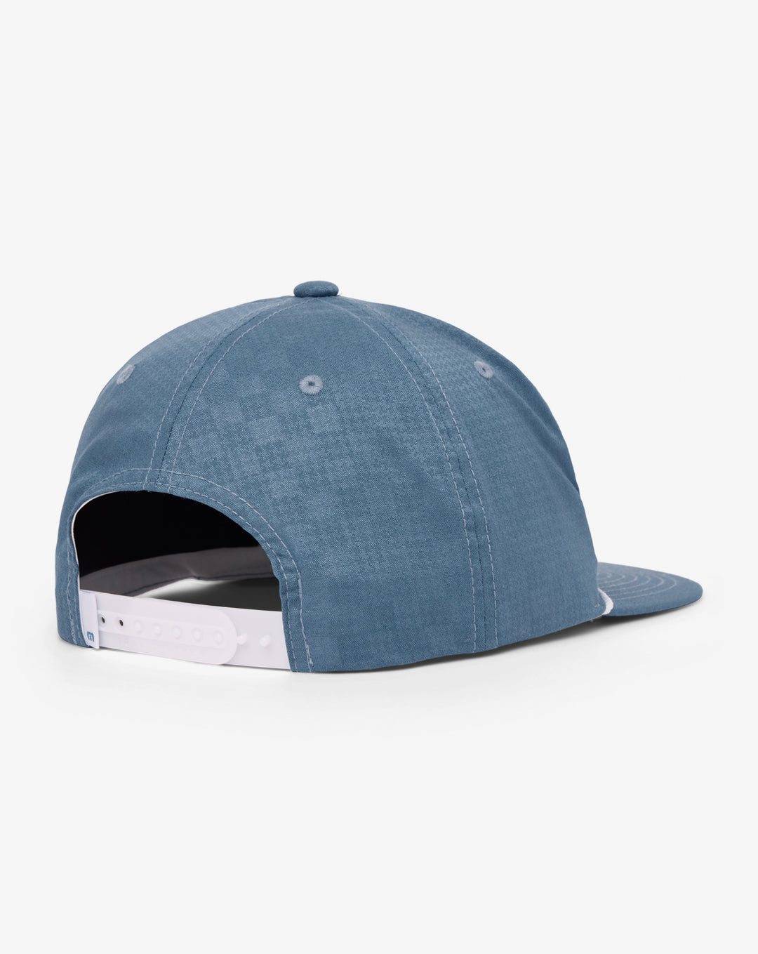 TravisMathew Lost Swing Snapback Hat in blue, rear view showing adjustable snapback closure and structured crown.