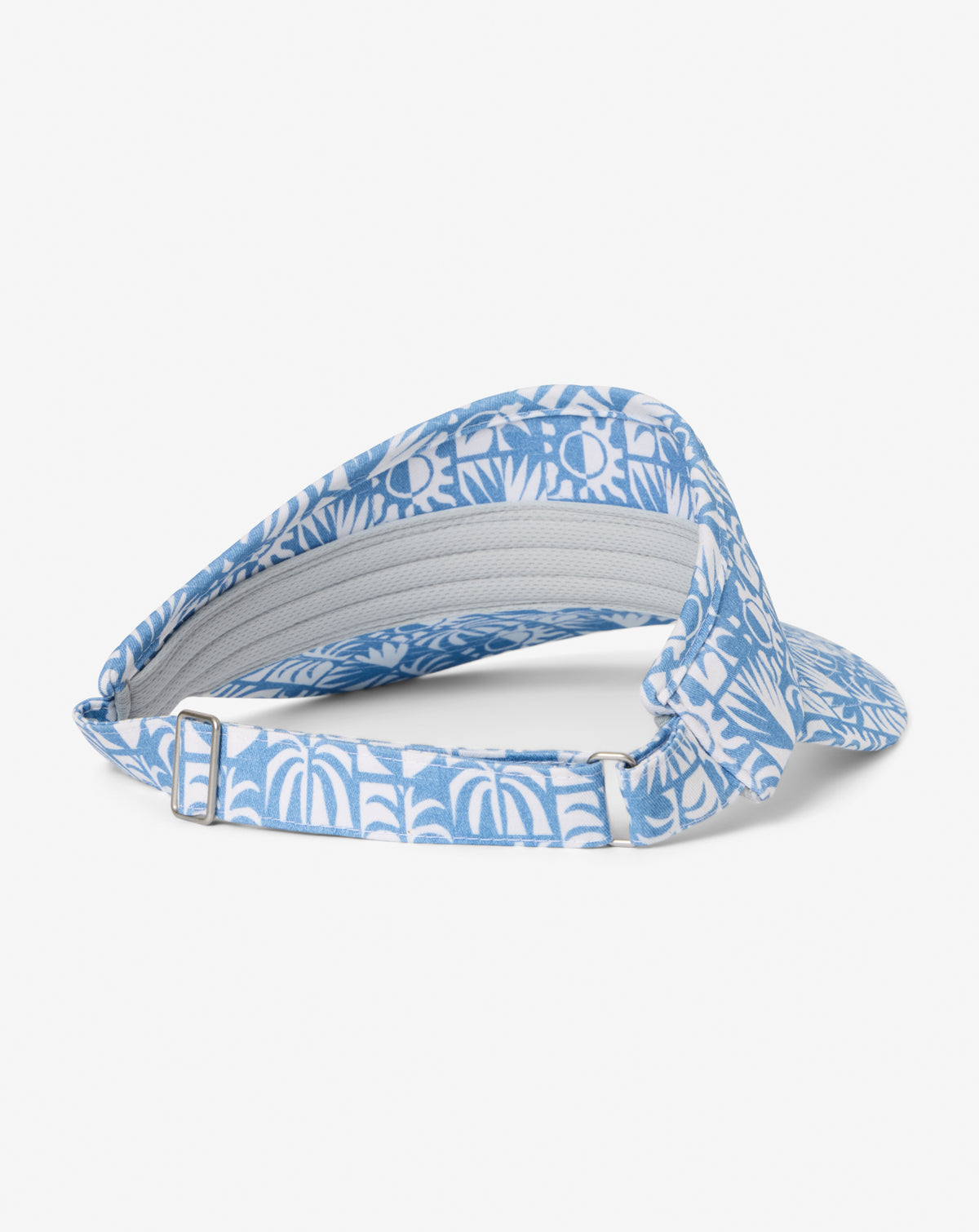 Back view of the TravisMathew Crazy Weather Visor in blue floral print with adjustable strap closure.