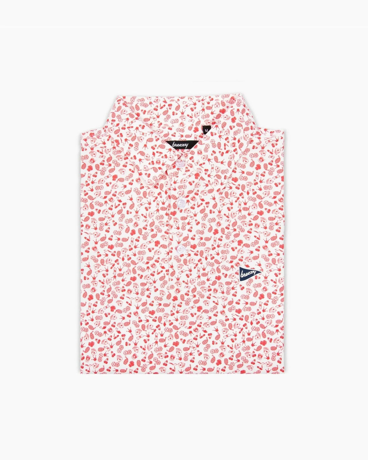 Folded Breezy Golf Vegas Baby Polo with all-over red Vegas-themed pattern.
