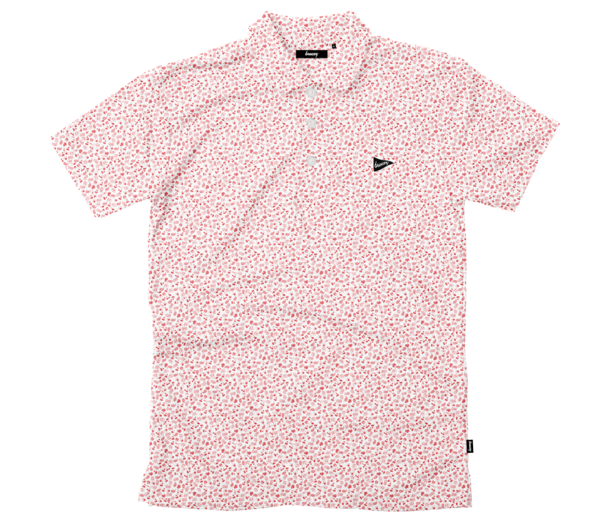 Breezy Golf Vegas Baby Polo in red with all-over casino-inspired print, men’s short sleeve performance golf shirt.