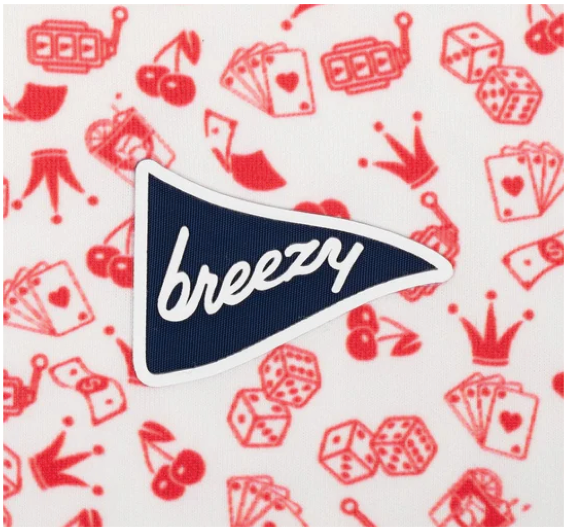 Breezy pennant logo on Vegas Baby Polo with red dice and casino print detail.