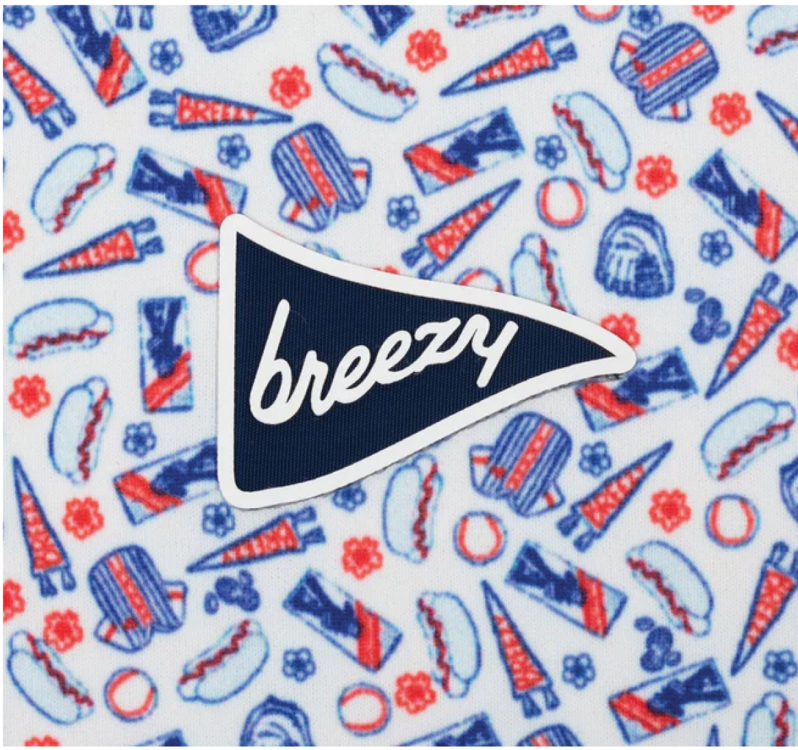 Breezy logo on red and blue baseball print fabric.