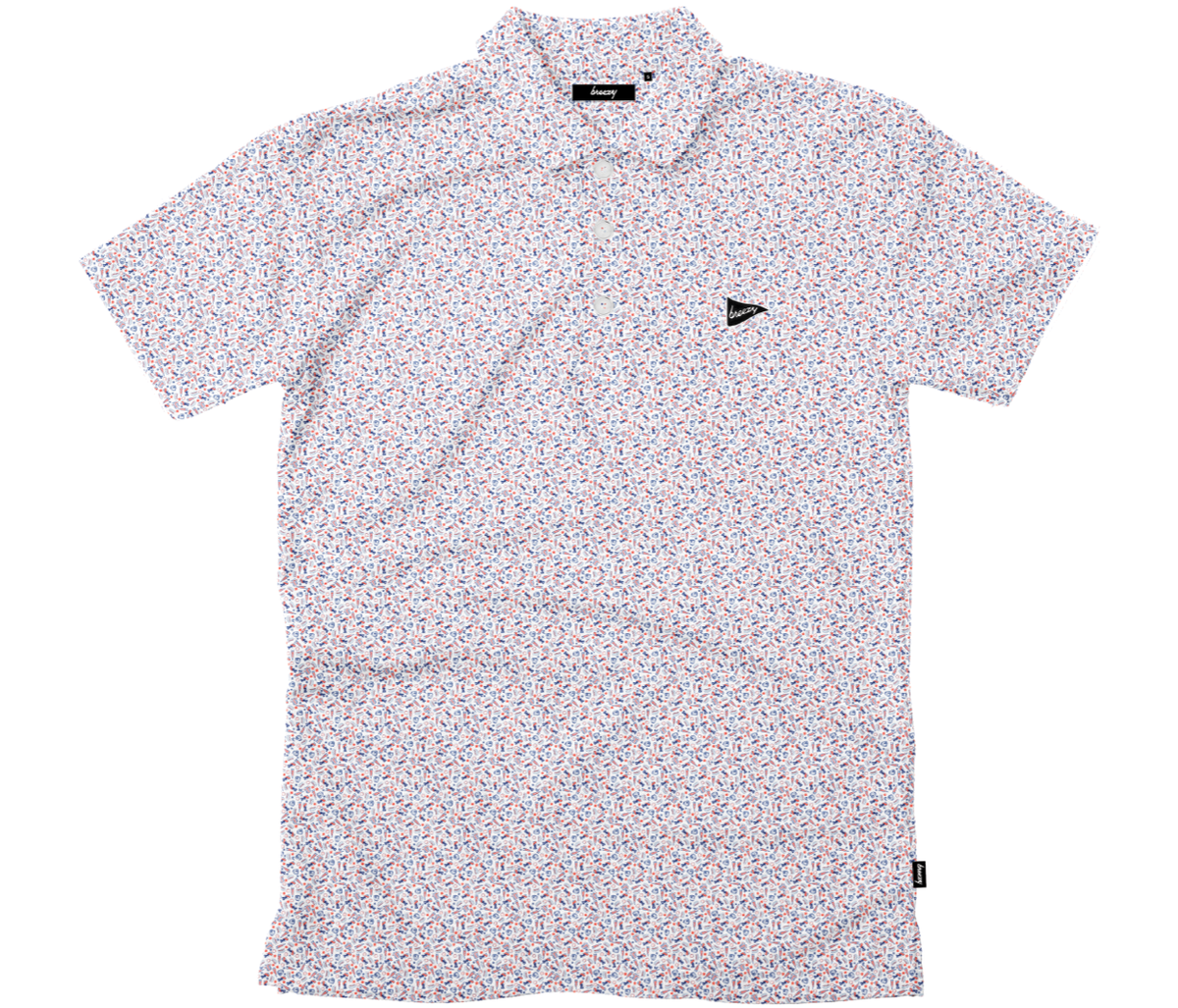 Breezy Have An Opening Day Polo, white with red and blue print.