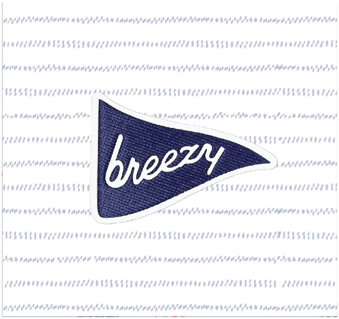 Breezy pennant logo on Pebbled Stripes Polo with light blue horizontal stripe detail.