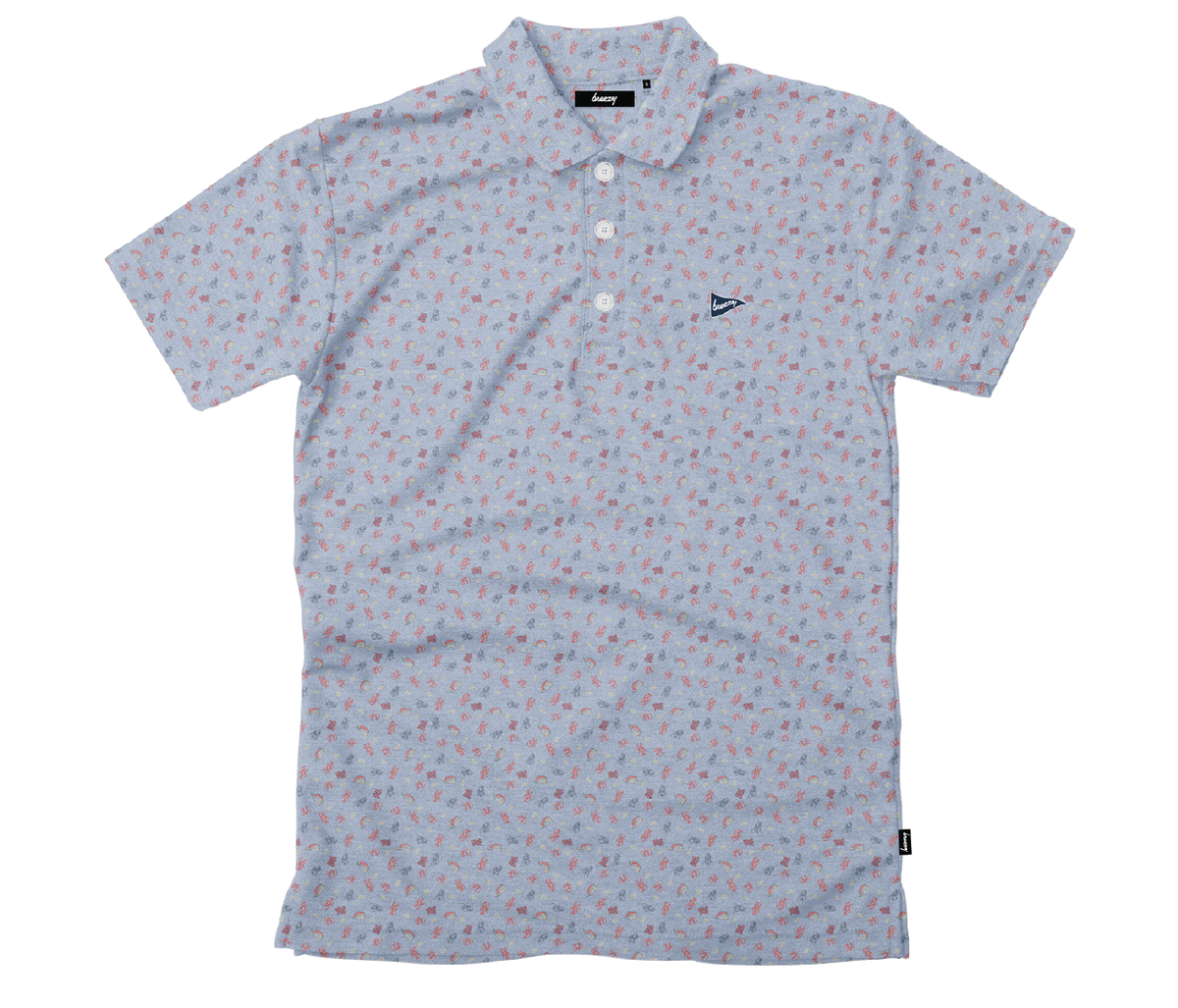 Breezy Golf Lobster Rolls Polo in light blue with red lobster print.