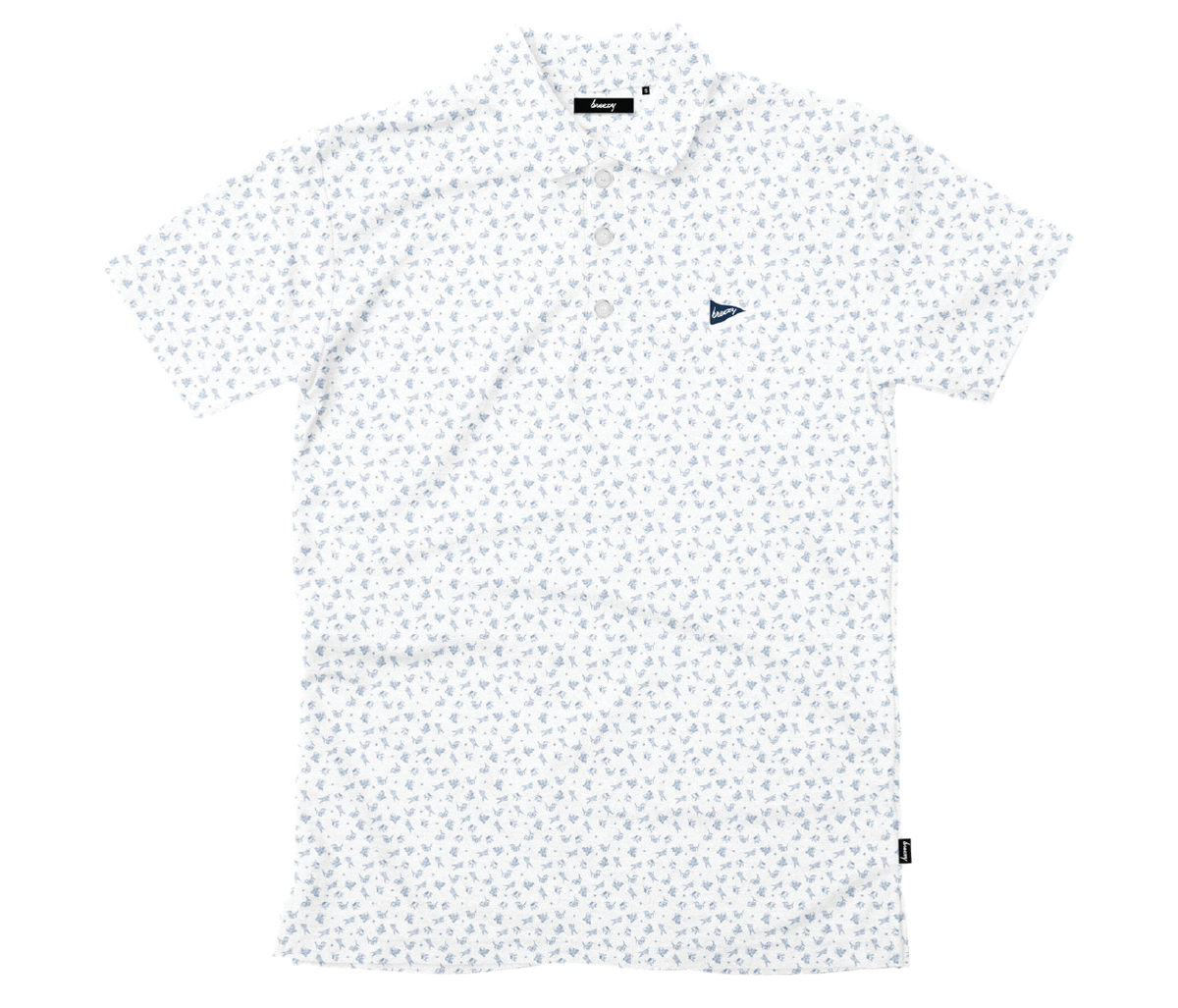 Breezy Golf Pace Of Play Polo white with blue all-over print.