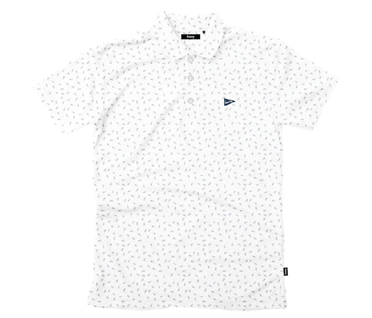 Breezy Golf Yacht Party Polo in white with navy boat print.