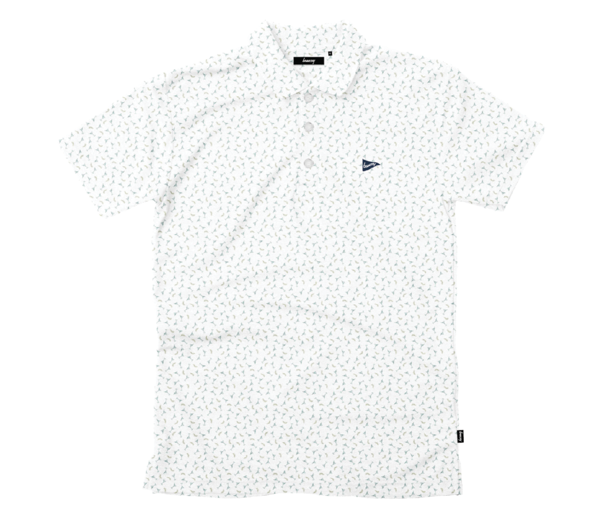 Breezy Golf The Extra Dirty Polo in white with green martini glass print.
