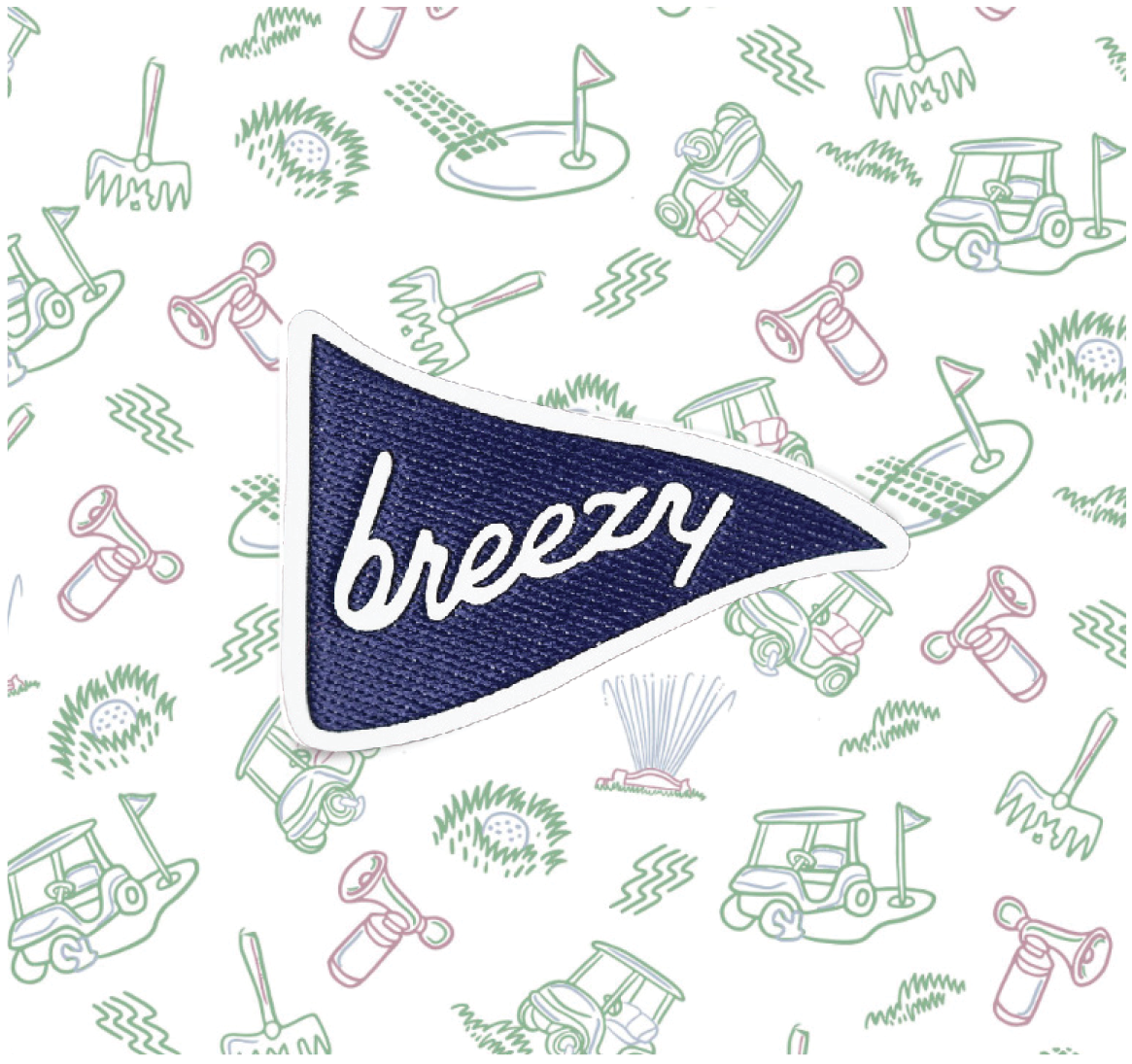 Breezy Polo golf print featuring illustrated golf course icons with Breezy pennant logo.