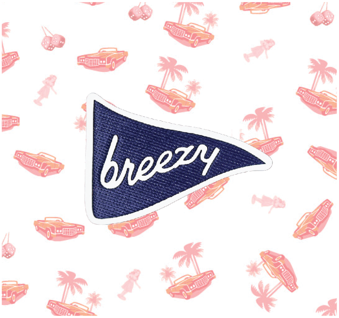 Breezy pennant logo on The Caddylac Polo with pink vintage car and palm tree print detail.