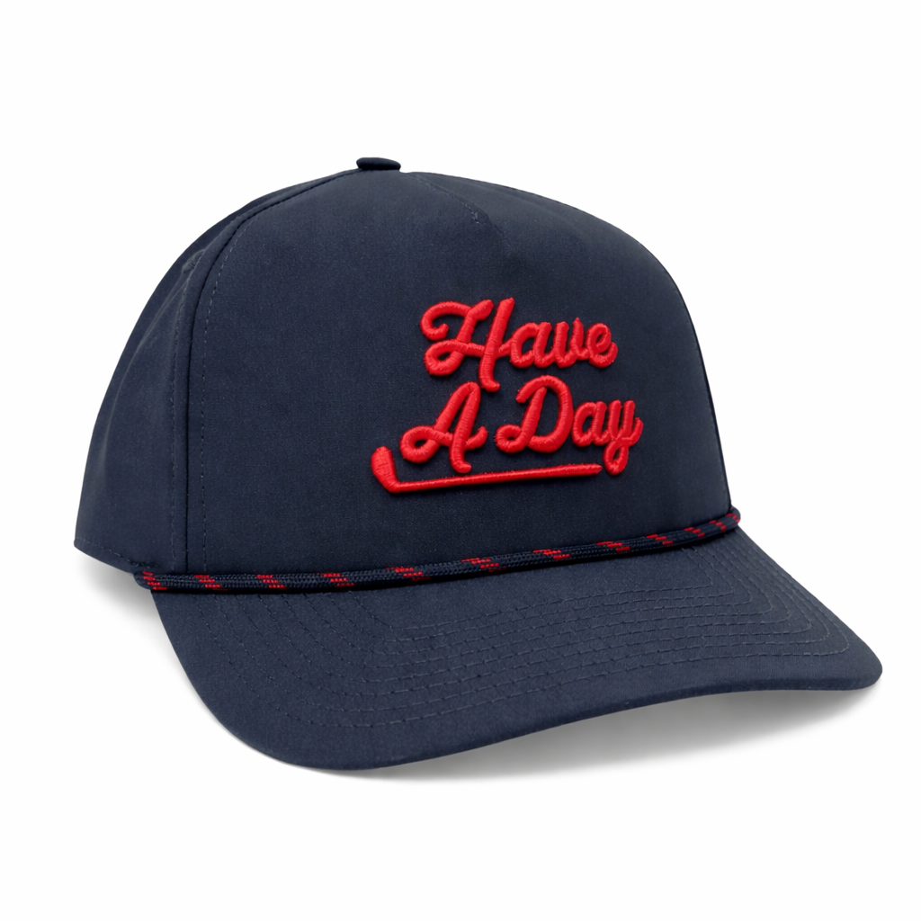 Navy blue cap with red 'Have A Day' text on a white background