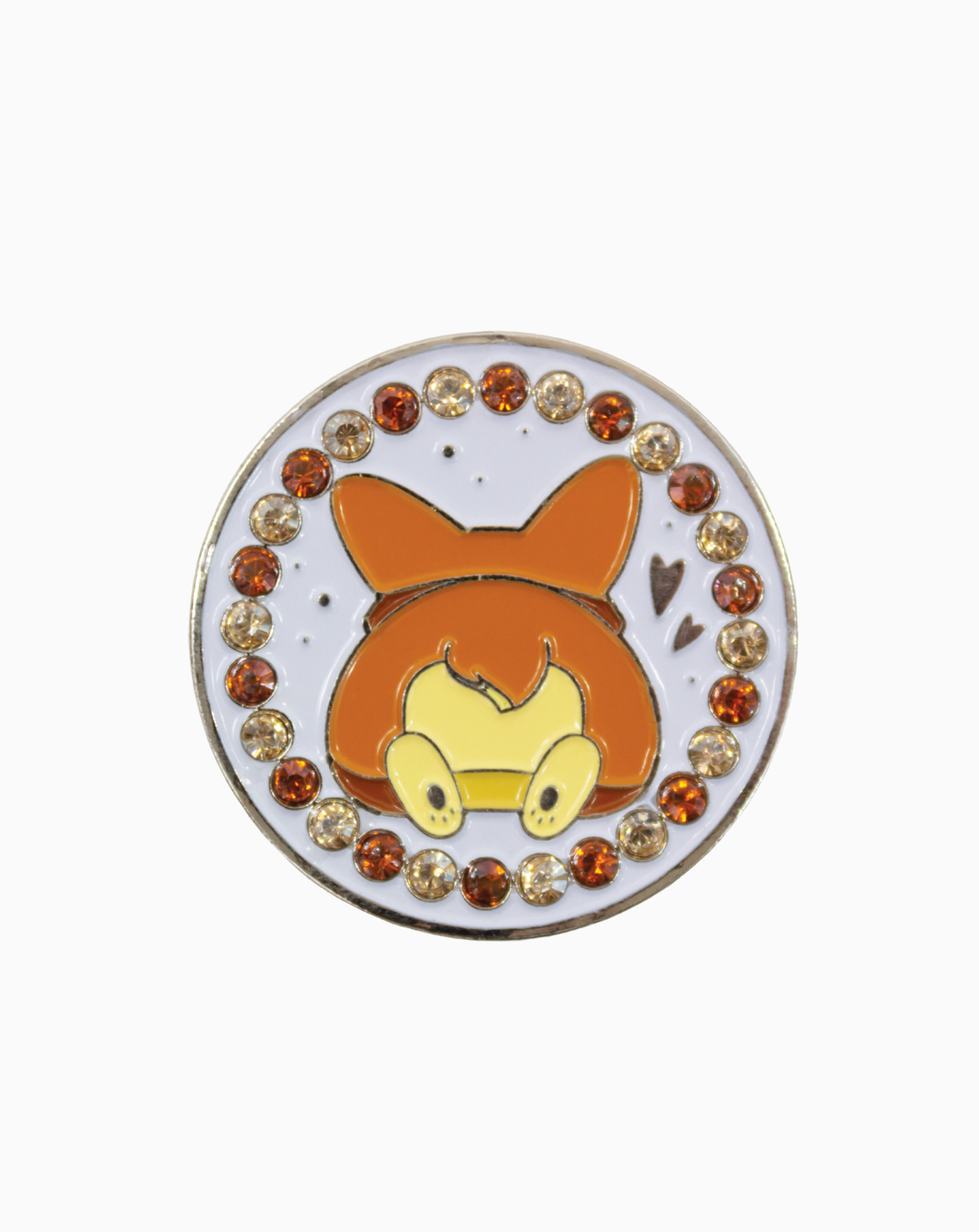 A round MXM Corgi Ball Marker featuring a playful corgi design with orange, yellow, and brown enamel, bordered by sparkling crystals on a white background.