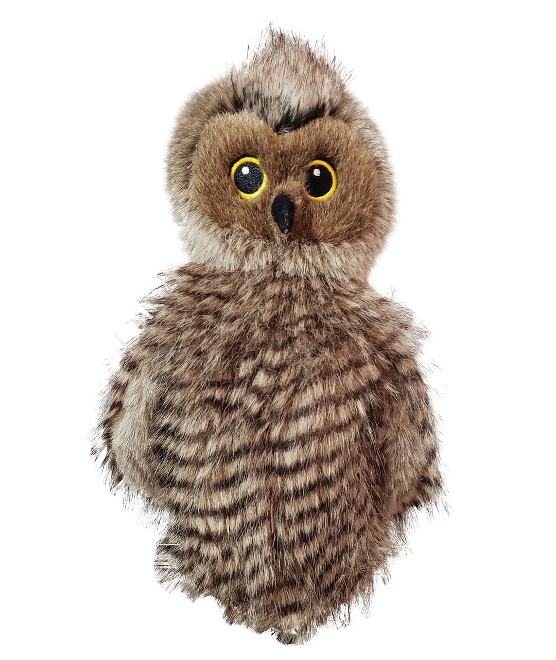 Plush owl headcover with brown and gray feathers on a transparent background