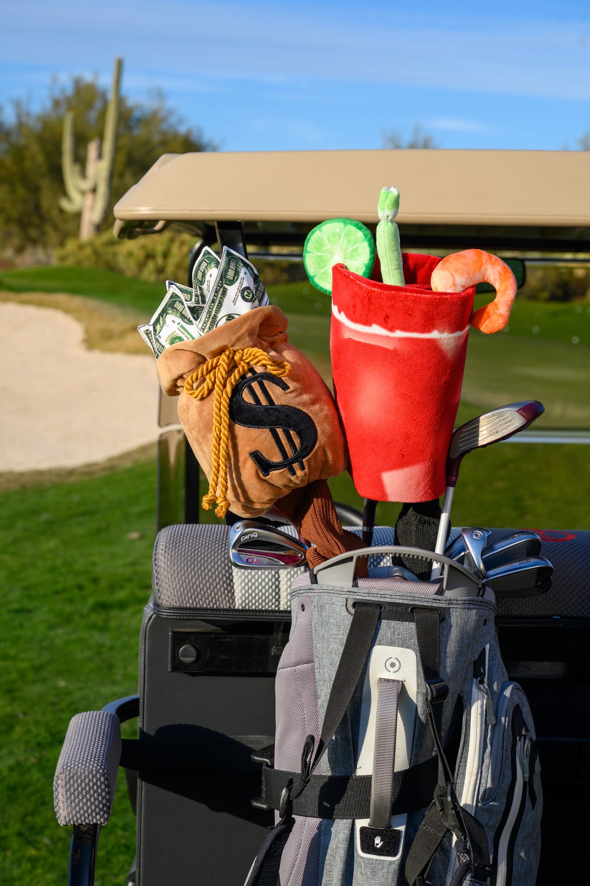 Novelty moneybag golf headcover protecting a driver in a golf bag.