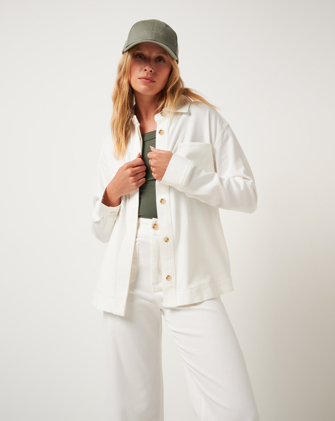 TravisMathew Women’s Everyday Button Down ivory front view
