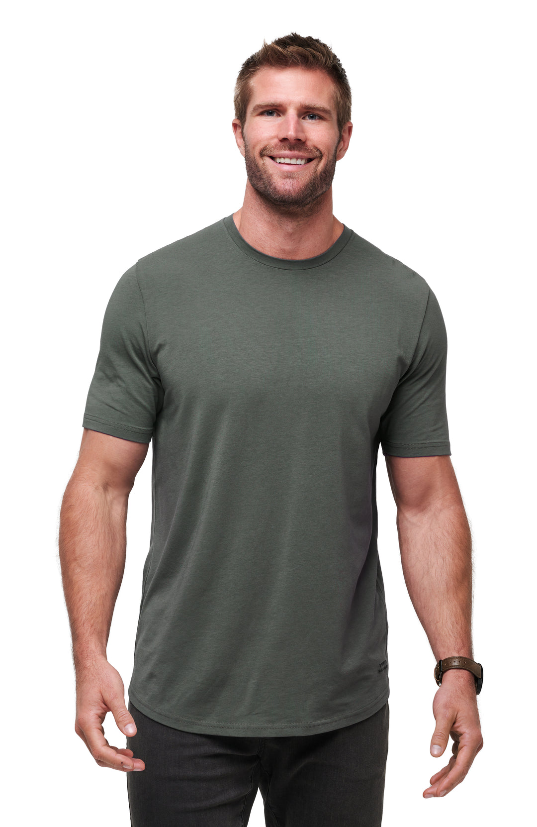 Front view of the TravisMathew Cloud Crew Tee in Dark Olive highlighting the minimalist design and everyday fit