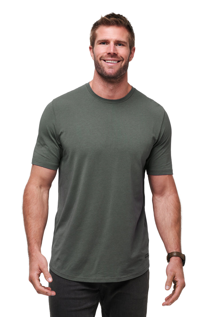 Front view of the TravisMathew Cloud Crew Tee in Dark Olive highlighting the minimalist design and everyday fit