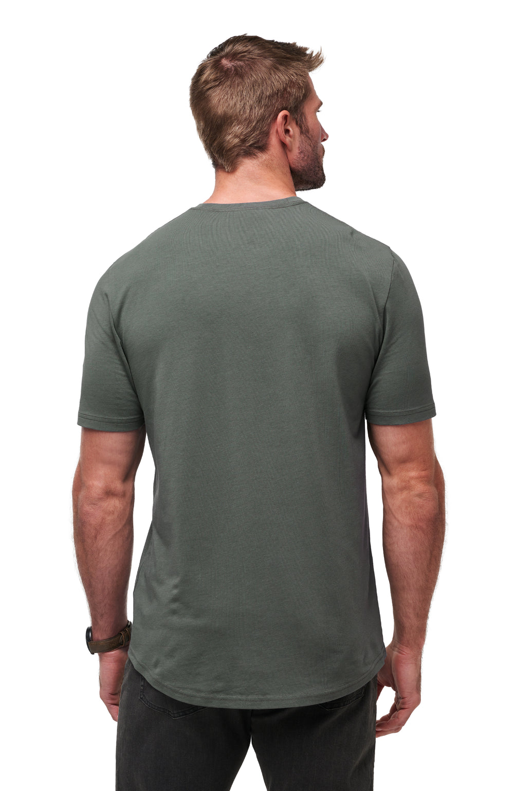 Rear view of the TravisMathew Cloud Crew Tee in Dark Olive showing the clean back and tailored silhouette
