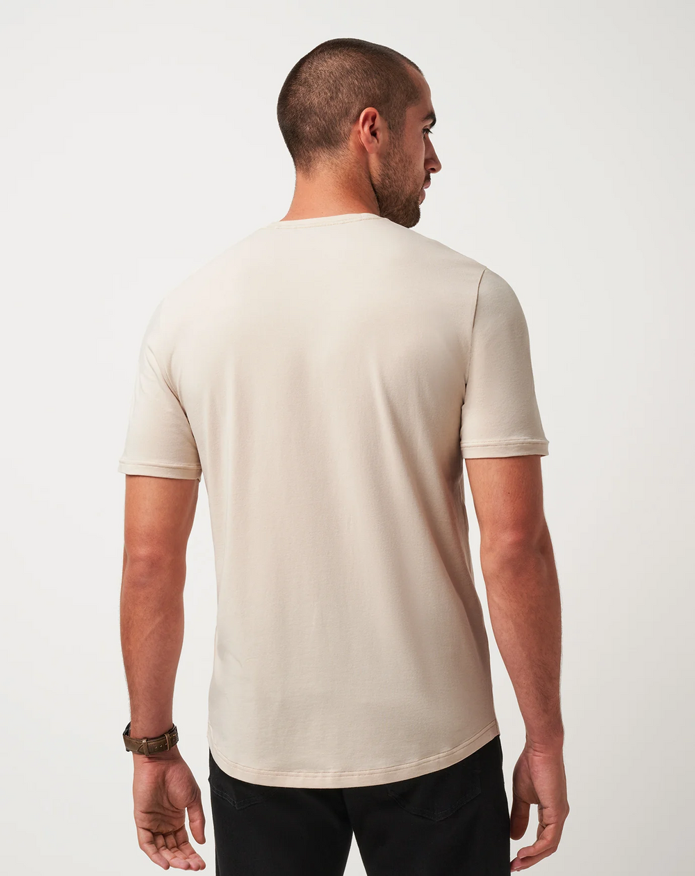 Rear view of the TravisMathew Cloud Crew Tee in Italian Sand
