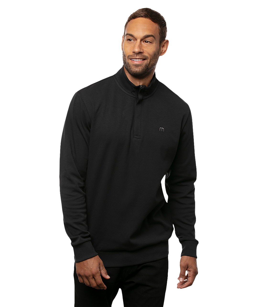 Model wearing a black Cloud Quarter Zip 2.0 front view, featuring a clean half-zip neckline 
