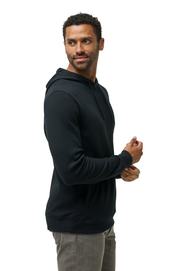 Men’s black pullover hoodie shown from the back, featuring a streamlined, structured design
