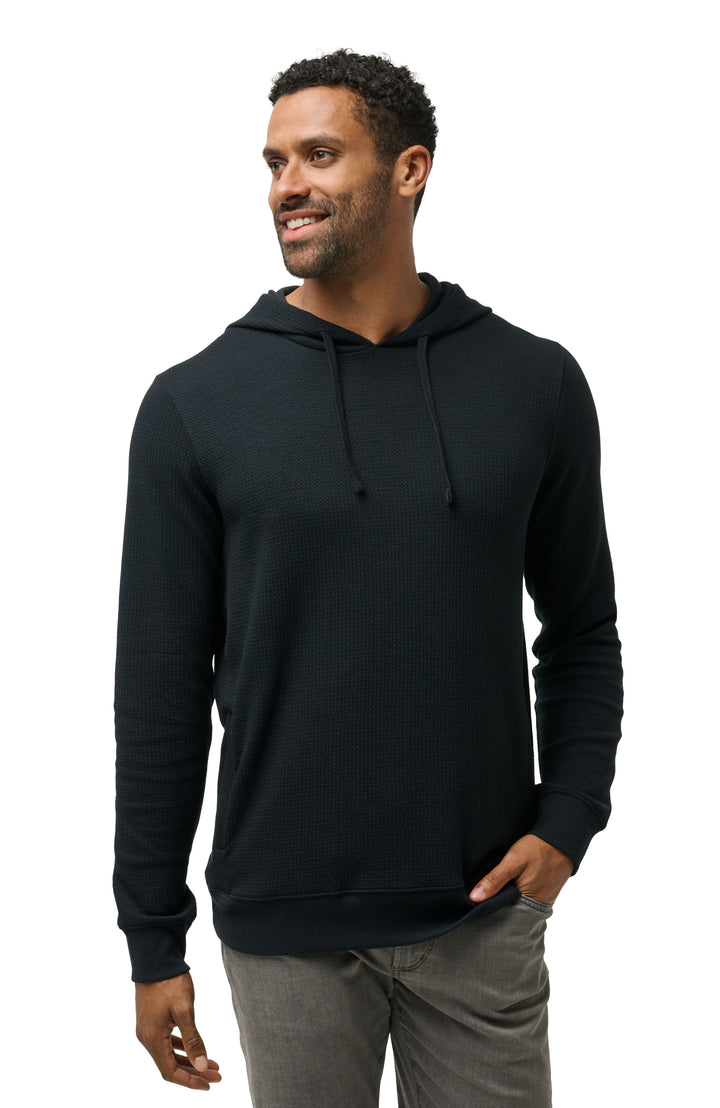 Men’s black hooded pullover sweatshirt shown from the front with clean, minimal fit