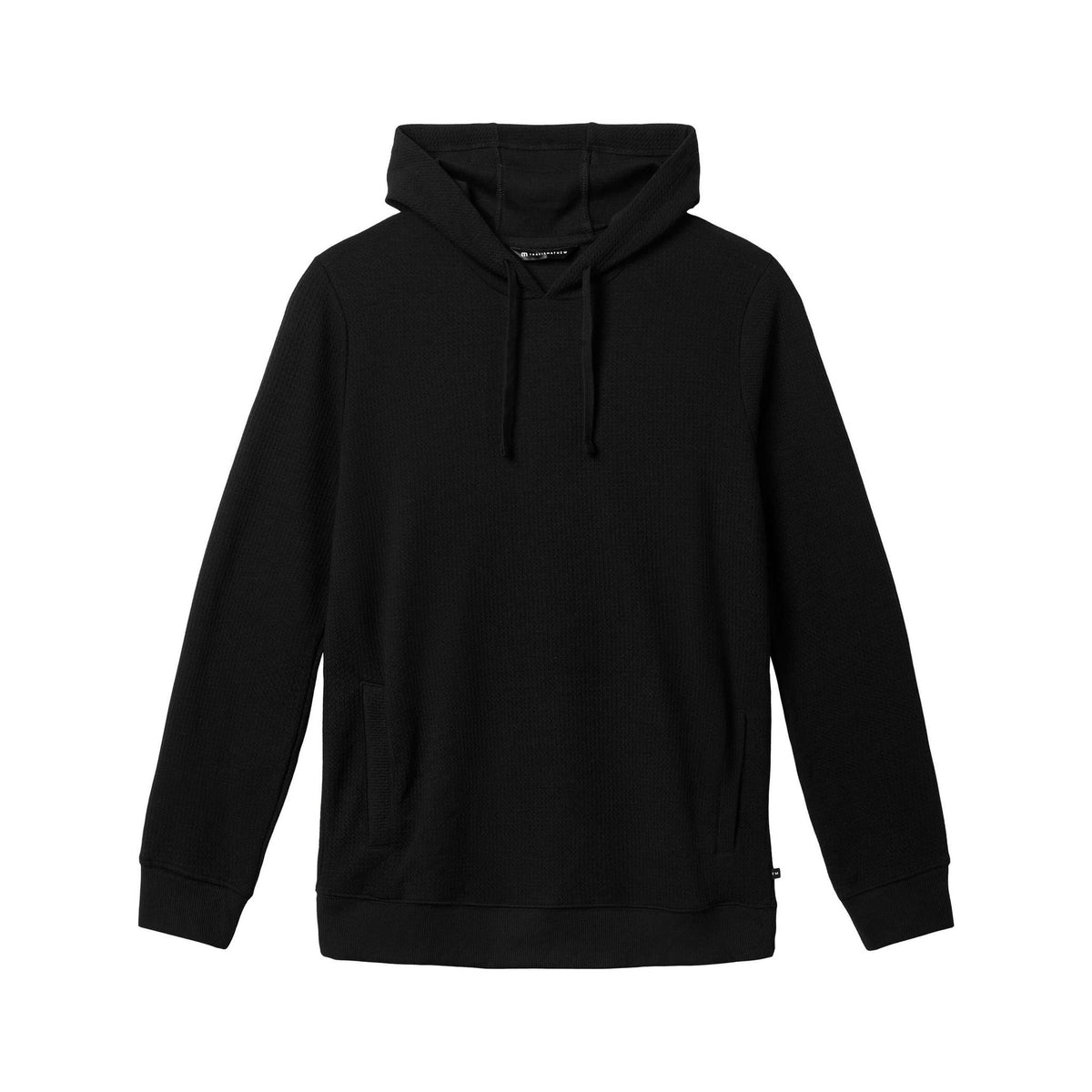Flat lay of men’s black pullover hoodie, showcasing overall shape and minimalist design