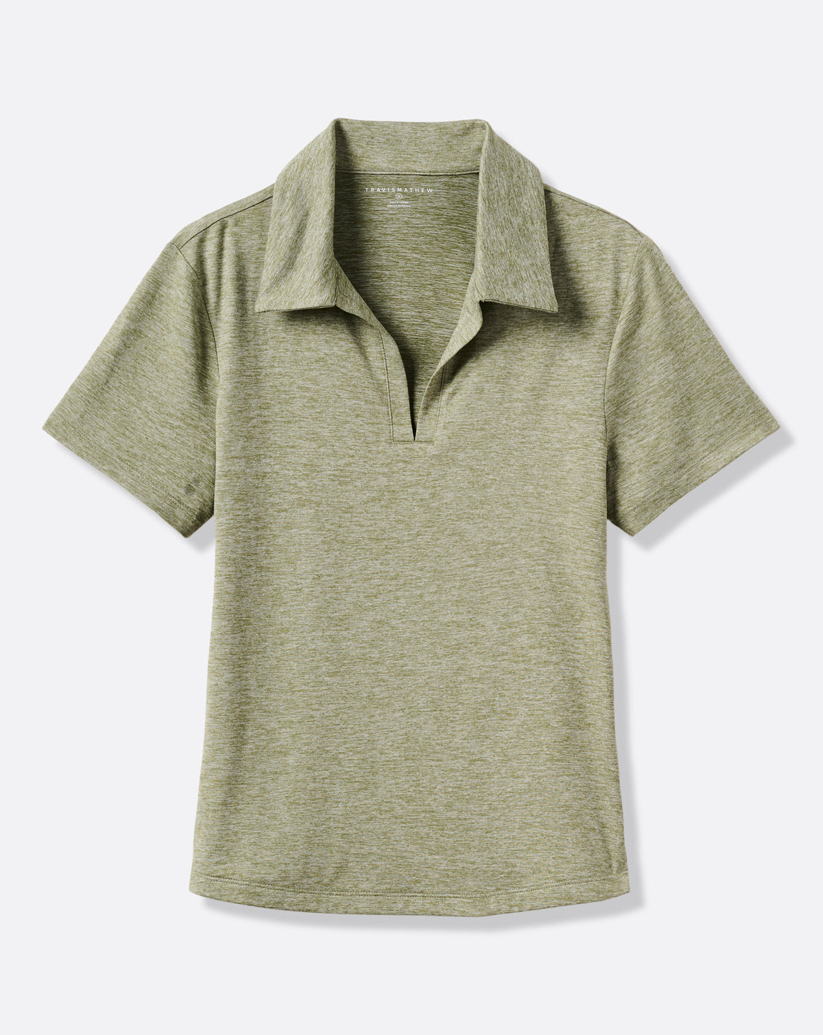 TravisMathew women’s Skyloft Light Polo heather oil green front product image.