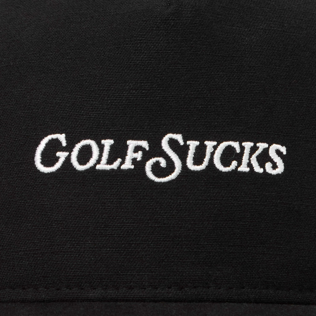 Black fabric with 'GOLF SUCKS' text embroidered in white