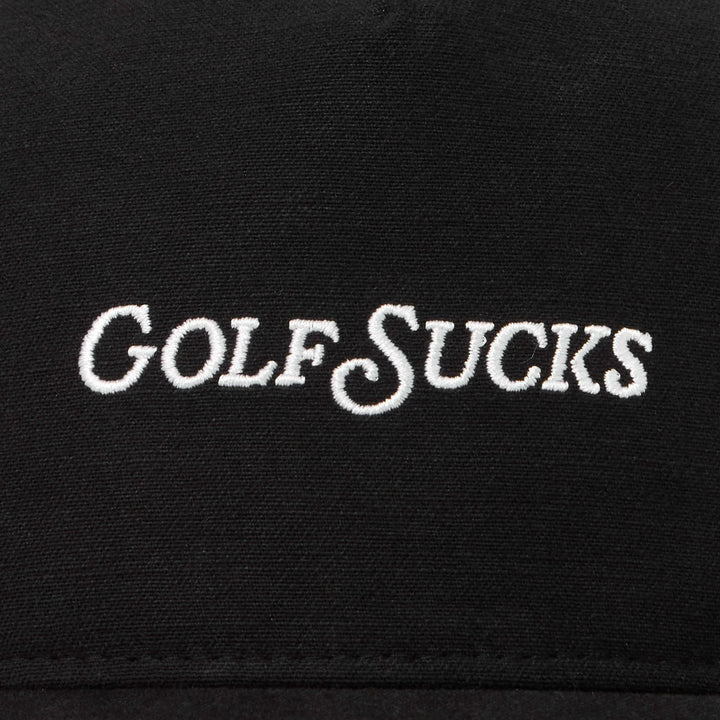 Black fabric with 'GOLF SUCKS' text embroidered in white