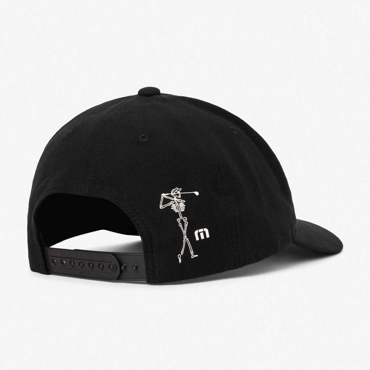 Black cap with skeleton design and logo on a white background