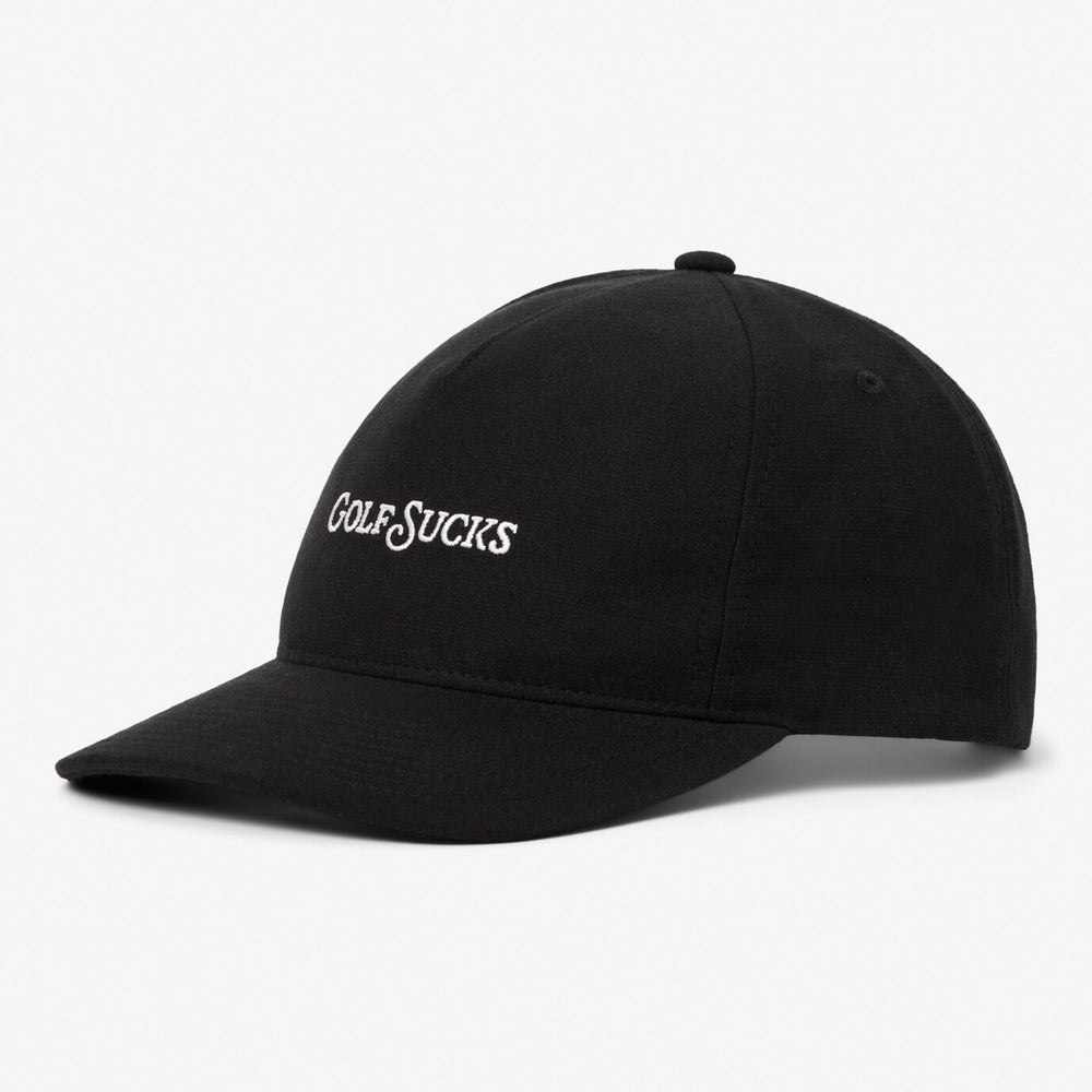 Black TravisMathew cap with 'GOLF SUCES' text on a white background