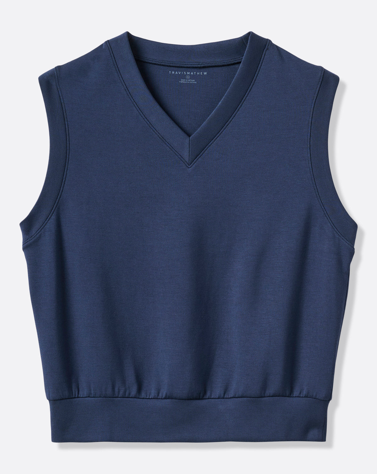 TravisMathew women’s Skyloft Soft Vest navy front product image.