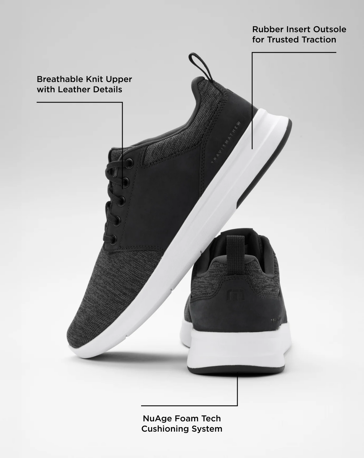TravisMathew Daily 3 shoe highlighting breathable knit upper, NuAge Foam cushioning, and rubber outsole traction