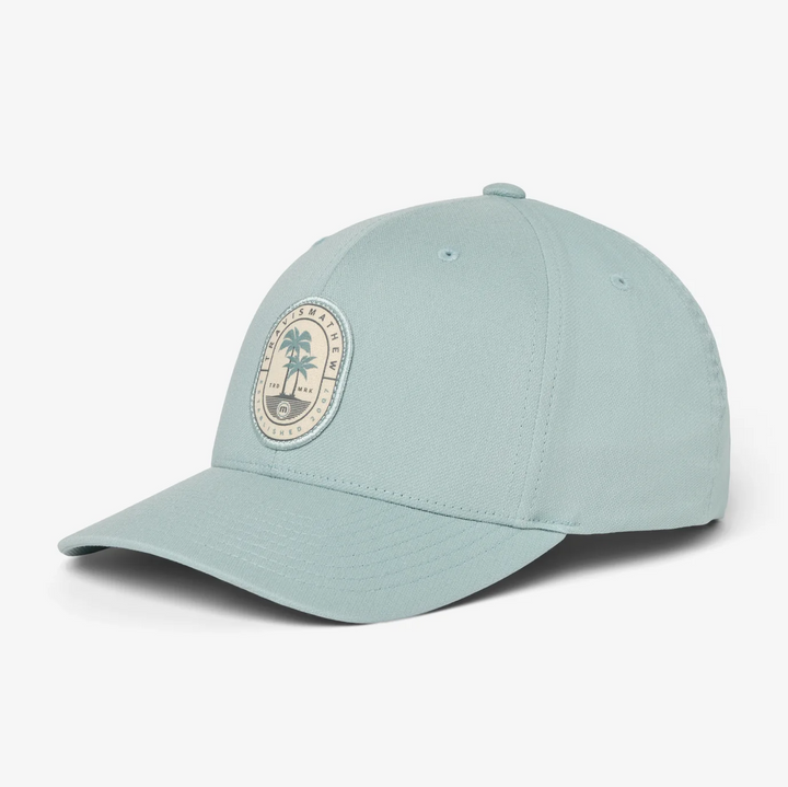 Light blue structured snapback hat with curved brim and oval palm tree patch on the front