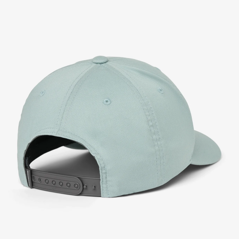 Back view of light blue snapback hat featuring adjustable snap closure and structured crown