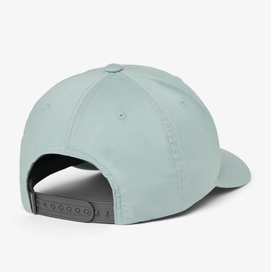 Back view of light blue snapback hat featuring adjustable snap closure and structured crown