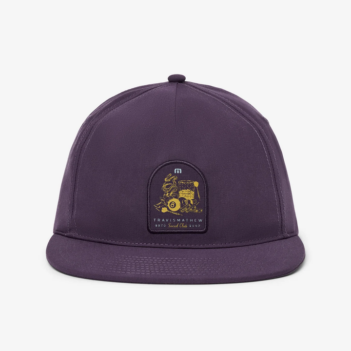 Front view of deep purple snapback hat with flat bill and custom tombstone-style front patch