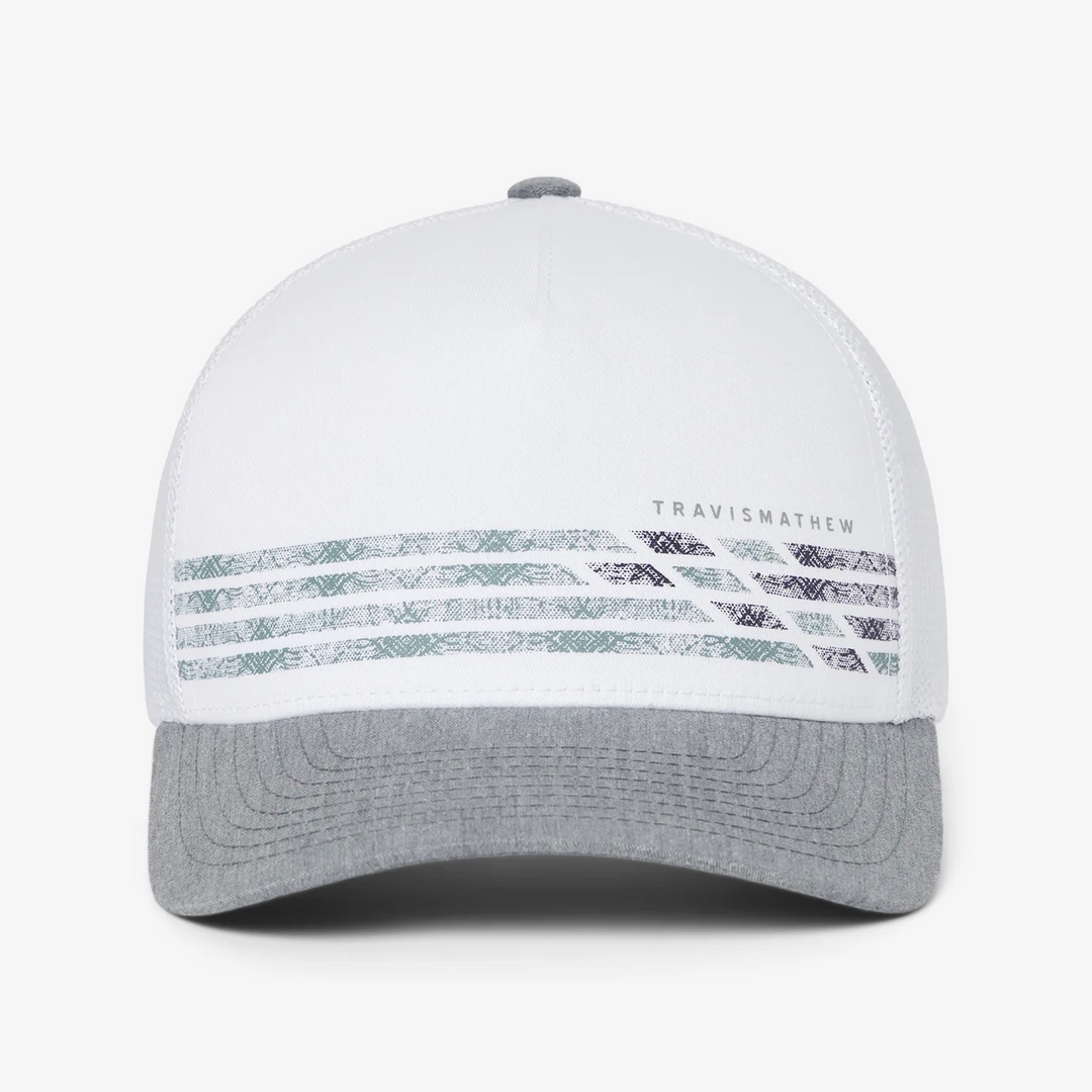 Front view of white and grey snapback hat with multicolor stripe detail and TravisMathew logo on the crown