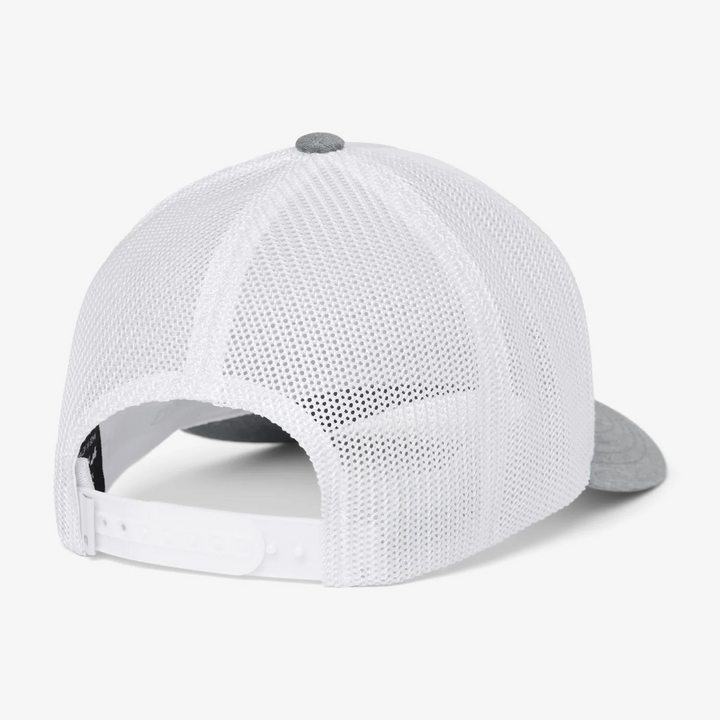 Back view of white mesh snapback hat with adjustable snap closure and breathable mesh panels
