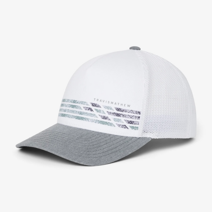 Angled view of white and grey snapback hat featuring mesh back, curved brim, and multicolor stripe detail