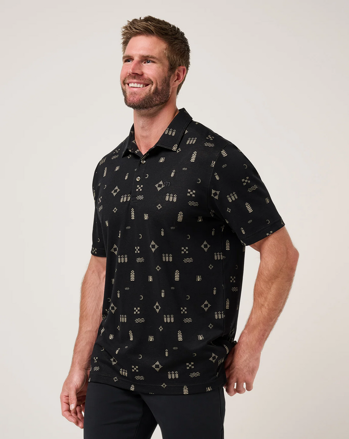 Men’s black Weather Patterns Polo with jacquard geometric pattern, shown at a three-quarter angle on model