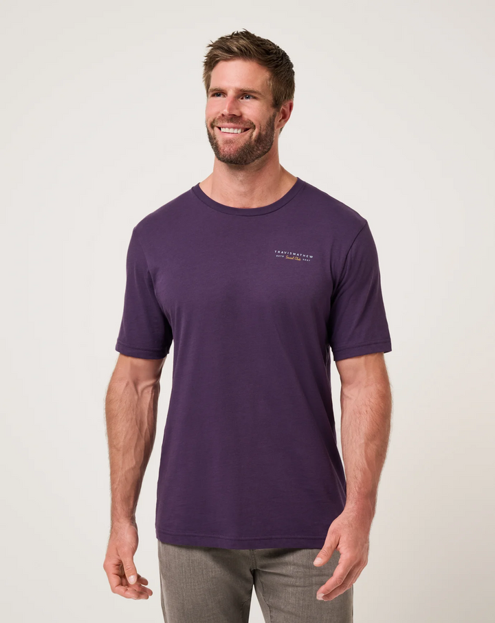 Front view of TravisMathew Social Hour T-Shirt in purple