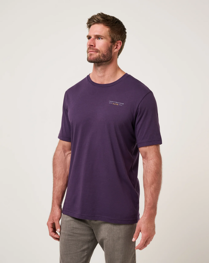 Angled front view of TravisMathew Social Hour T-Shirt in purple