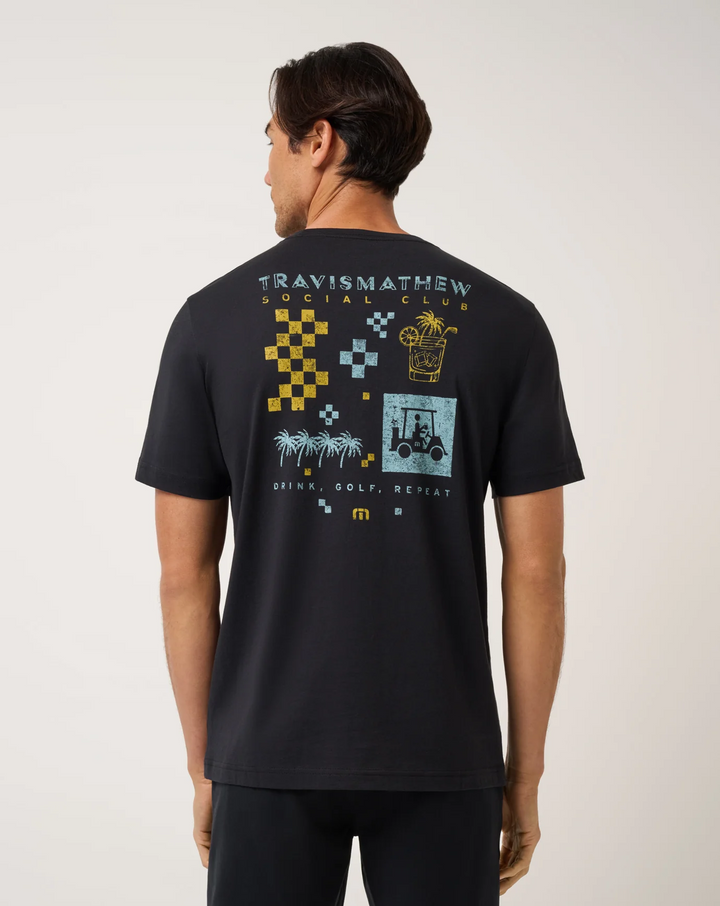 Back view of TravisMathew Beverage Cart Tee in black featuring large golf-inspired Social Club graphic